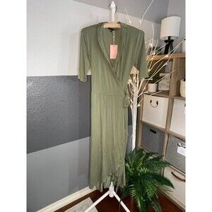 NWT Quince Tencel Jersey Shawl Collar Wrap Dress Olive Green Med Maxi Length